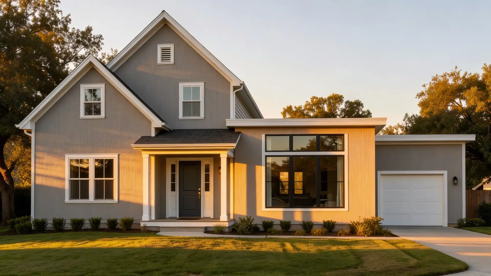 A gray house with a white garage sits in a front yard, showcasing a neat and inviting residential setting