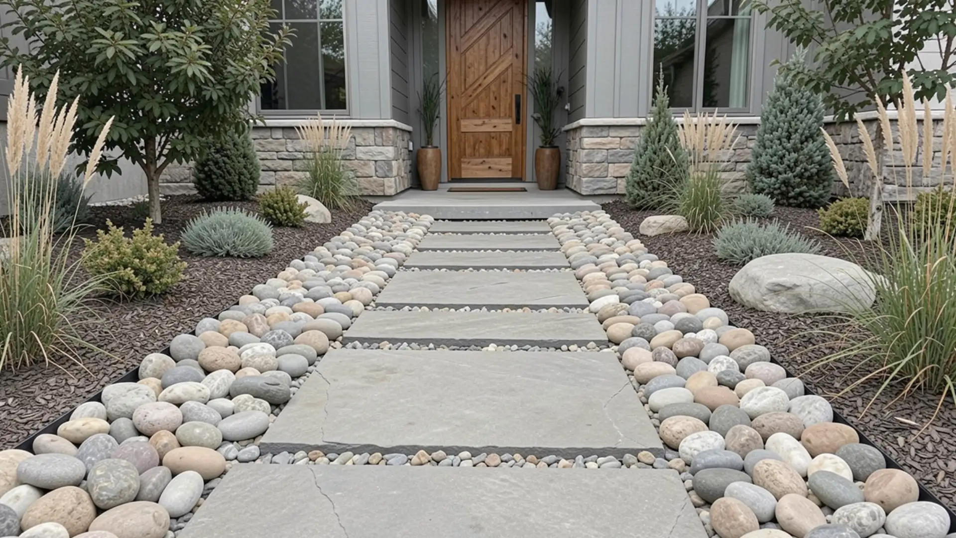 A modern walkway featuring rectangular gray stepping stones bordered by smooth river rocks