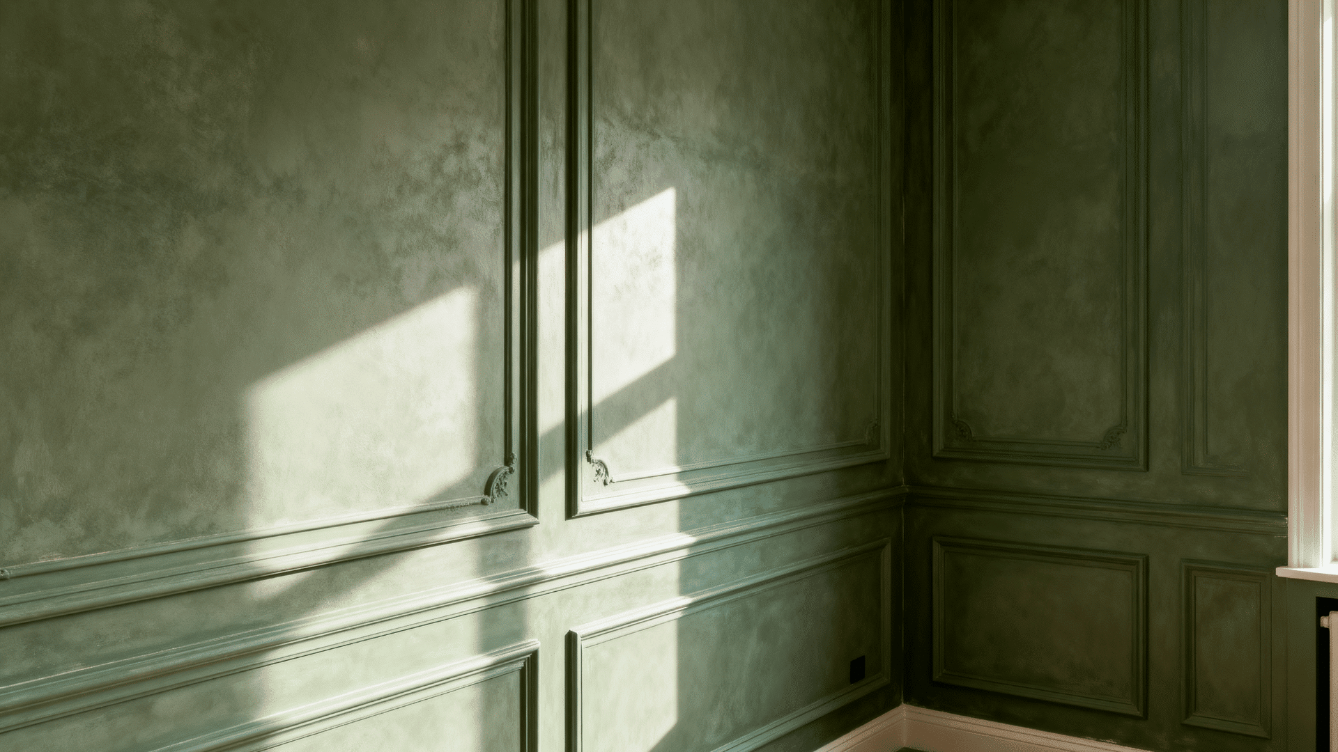 room with dusty green walls and trim highlighting wall molding through natural light and texture