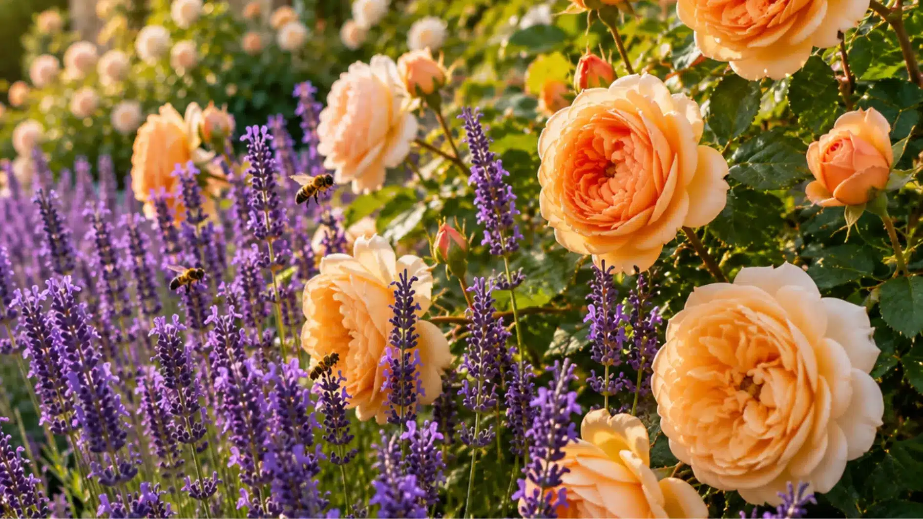Close-up of bright orange-peach roses blooming above vibrant purple lavender stalks with bees visible in a sunlit cottage garden.