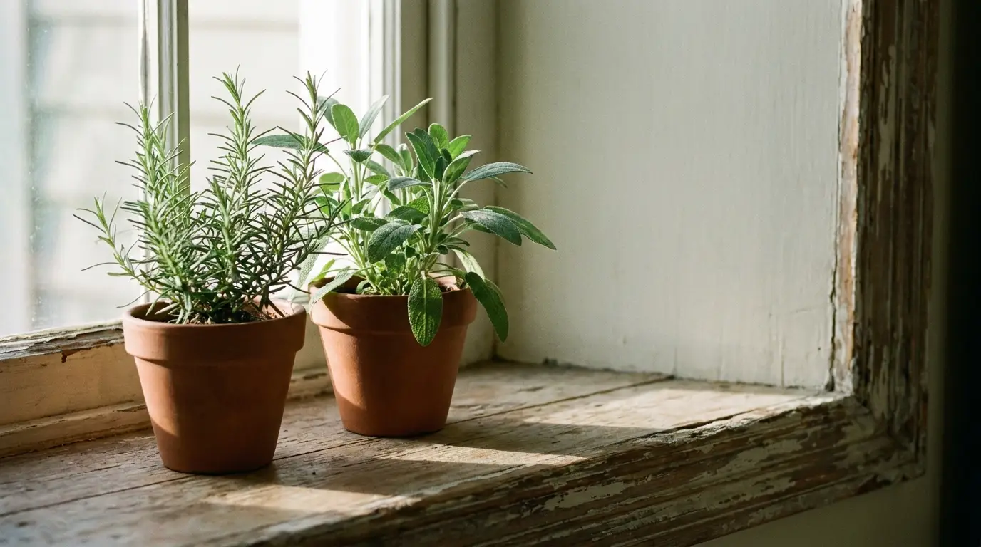 Potted rosemary and sage on rustic windowsill in natural light