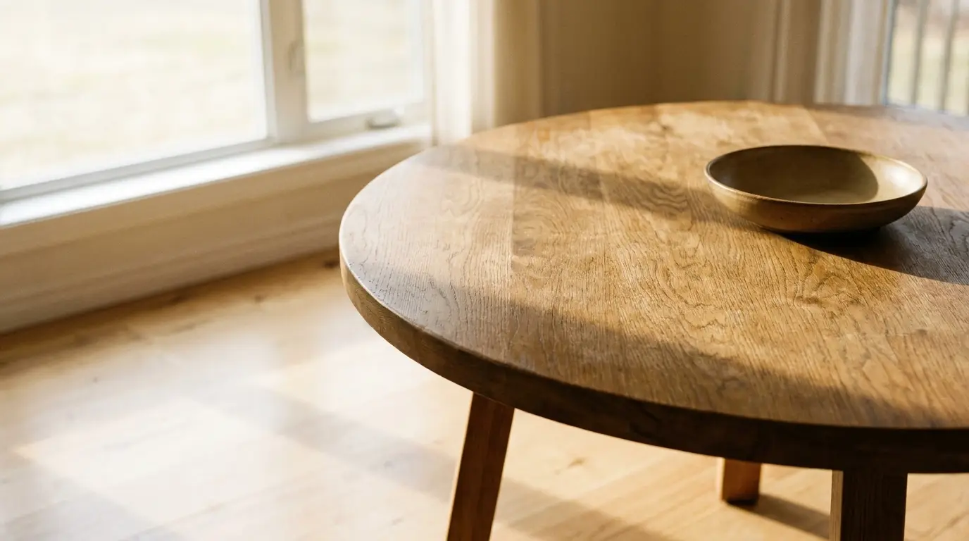 Wooden table with round bowl in sunlit room near large window