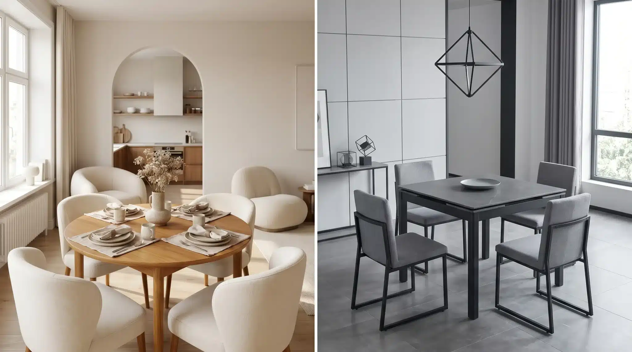 Left side shows a cozy dining room with light wood table, right side a sleek modern dining table with metal chairs.