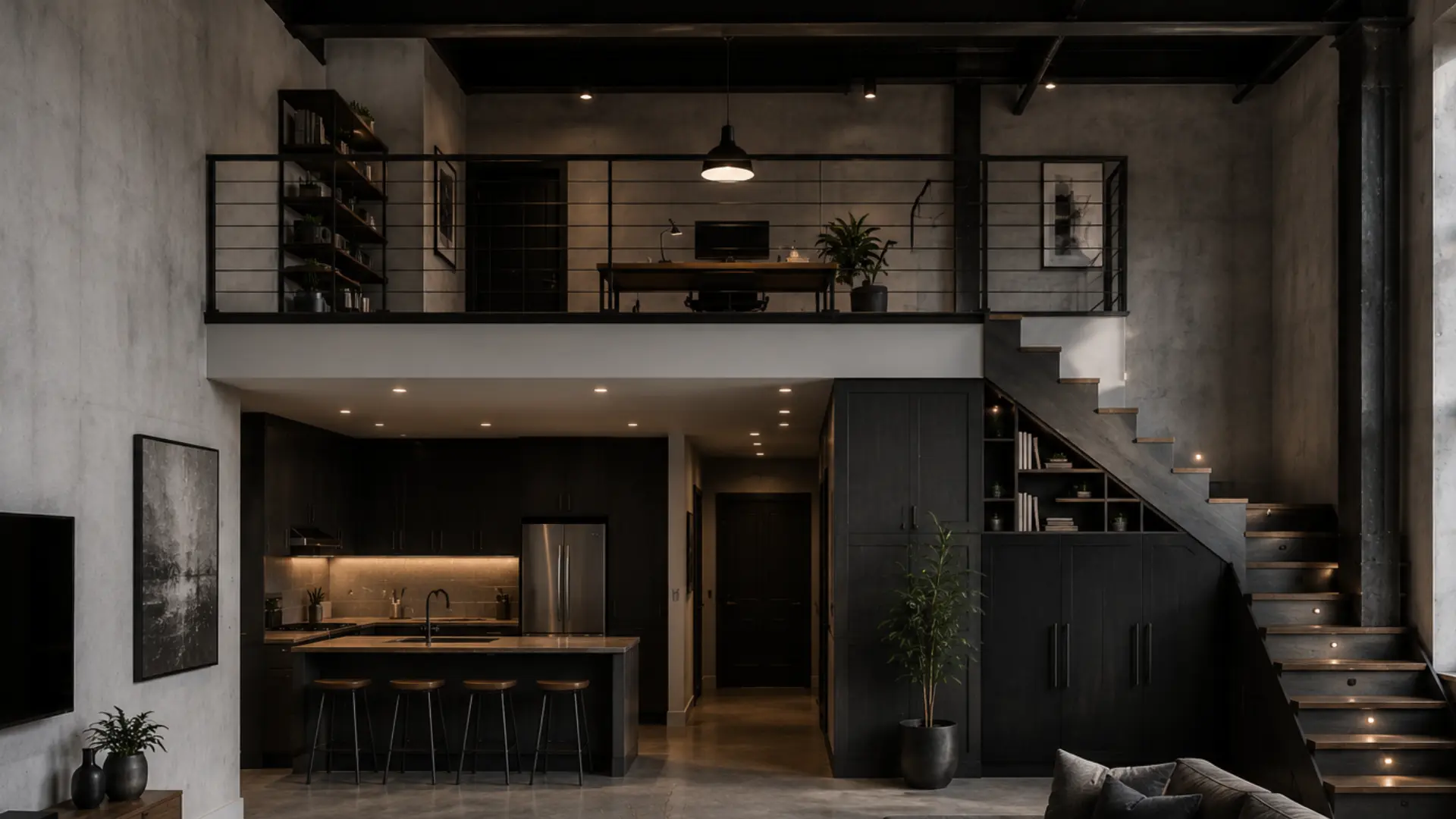 rustic industrial loft with reclaimed wood walls black metal fixtures warm lighting and concrete floors
