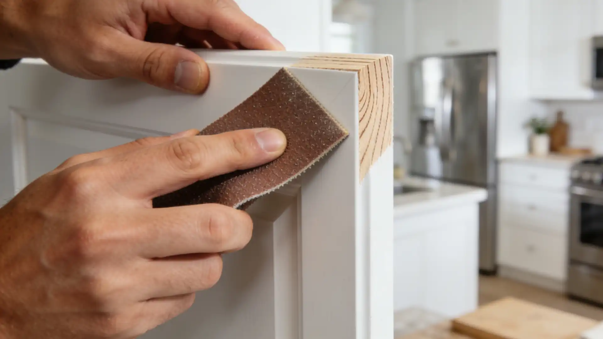 A person's hands use sandpaper to smooth the exposed wood grain on the corner of a white painted cabinet door in a bright kitchen.