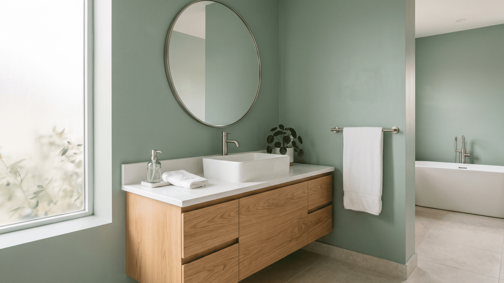 soft sage green satin finish bathroom wall with gentle sheen