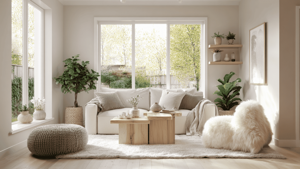 scandinavian living room with minimalist furniture, neutral colors, natural wood, and cozy decor style