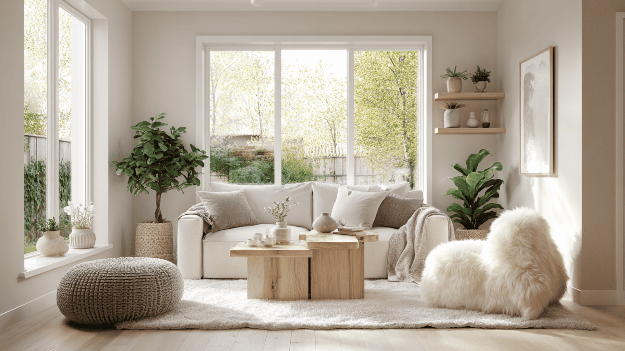 scandinavian living room with minimalist furniture, neutral colors, natural wood, and cozy decor style