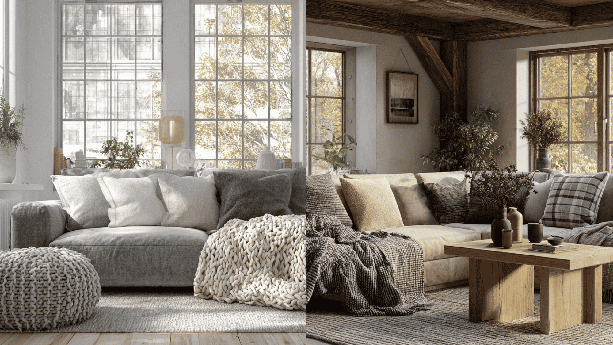 scandinavian vs nordic living room designs with cozy textures, neutral tones, and natural wood interiors