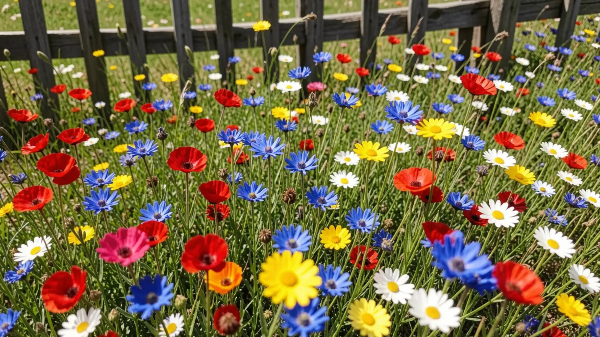 A vibrant field of red poppies, blue cornflowers, yellow daisies, and white daisies grows densely in front of a weathered wooden fence.