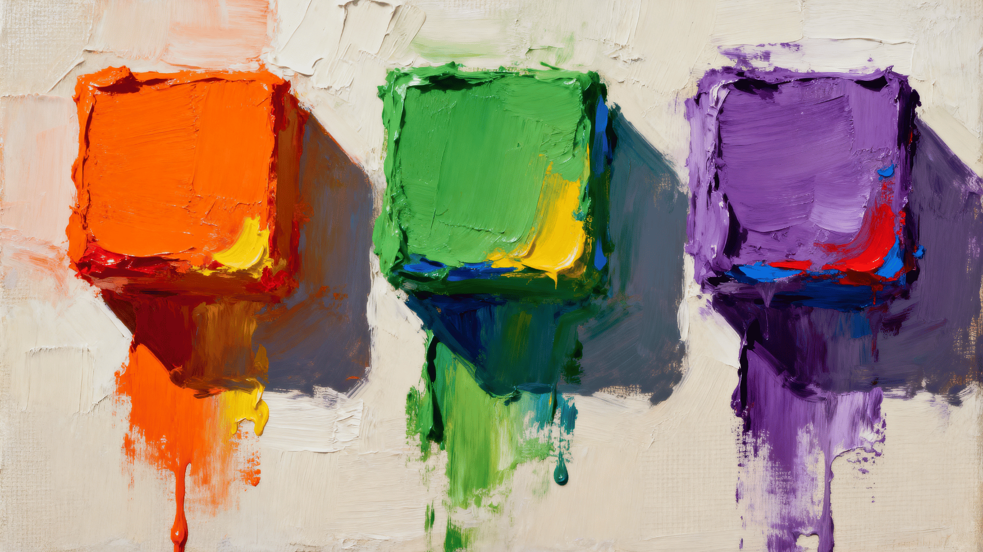 hand-painted acrylic artwork featuring secondary colors orange, green, and purple with blended paint textures on a real canvas