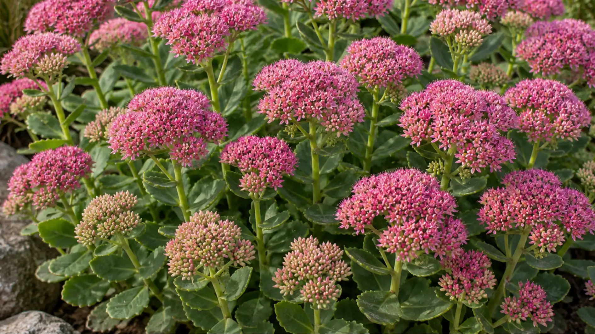 A cluster of bright pink Sedum 'Autumn Joy' flowers with thick green leaves growing near gray garden rocks.