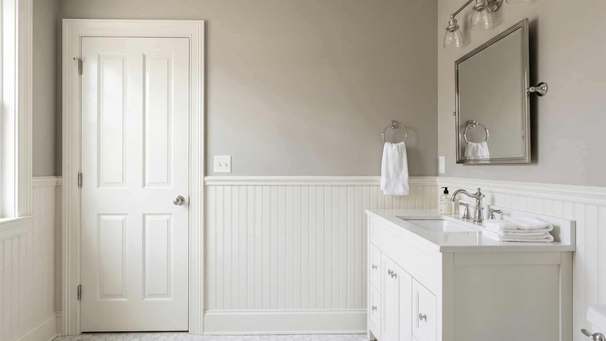 warm ivory semi-gloss bathroom wall with polished light reflection