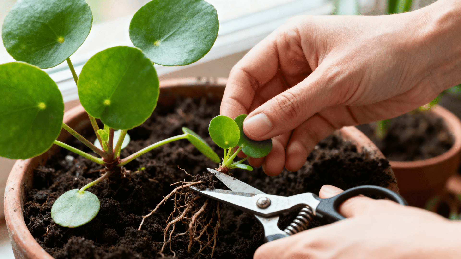 separating a baby chinese money plant pup from the mother plant using garden snips.