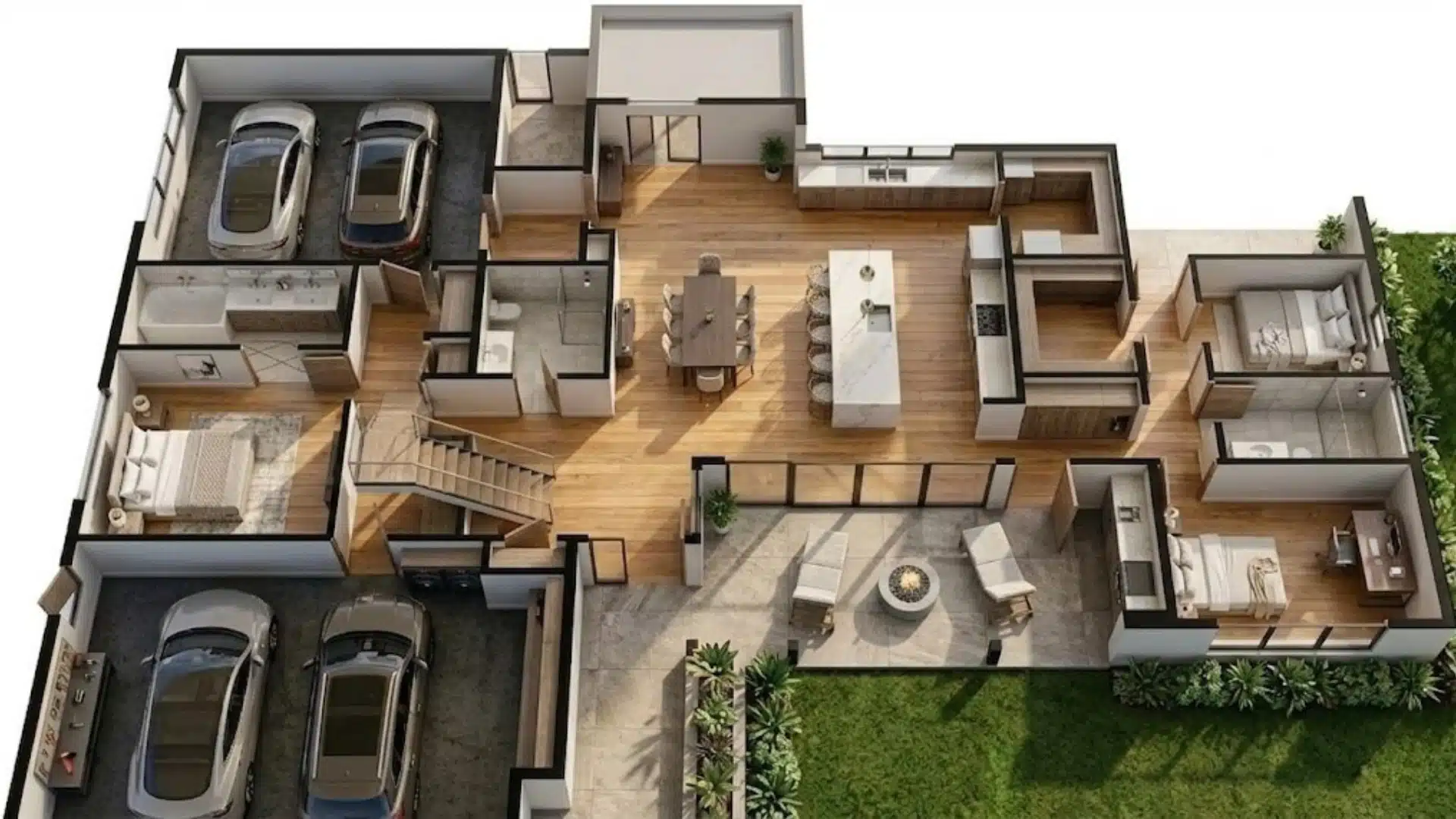 Single-story modern house floor plan with open kitchen, patio, bedrooms, office space, and two-car garage.