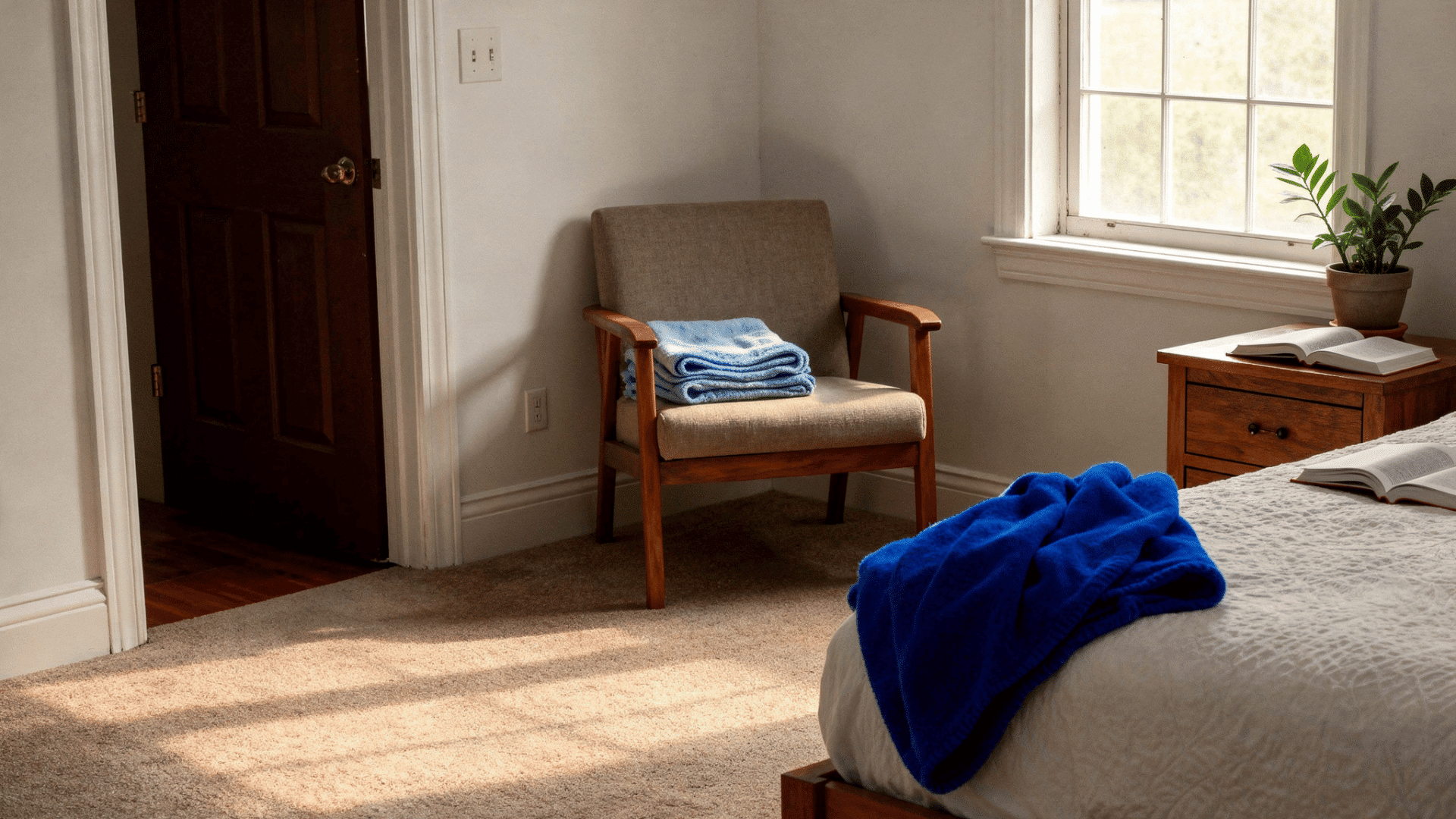 small bedroom with walls and trim painted the same off-white color for a seamless and airy look