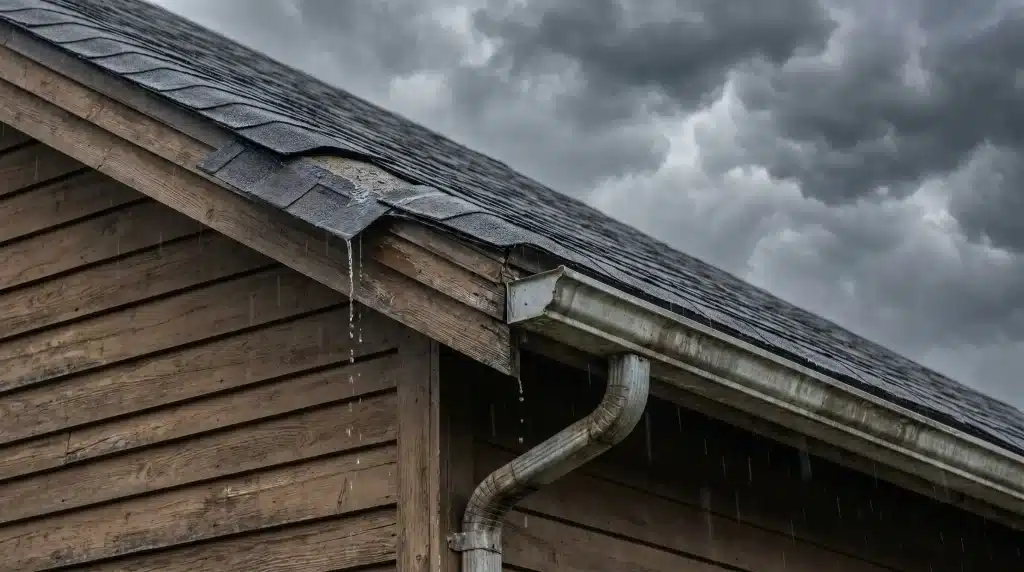 Rainwater dripping from wooden roof with dark clouds above