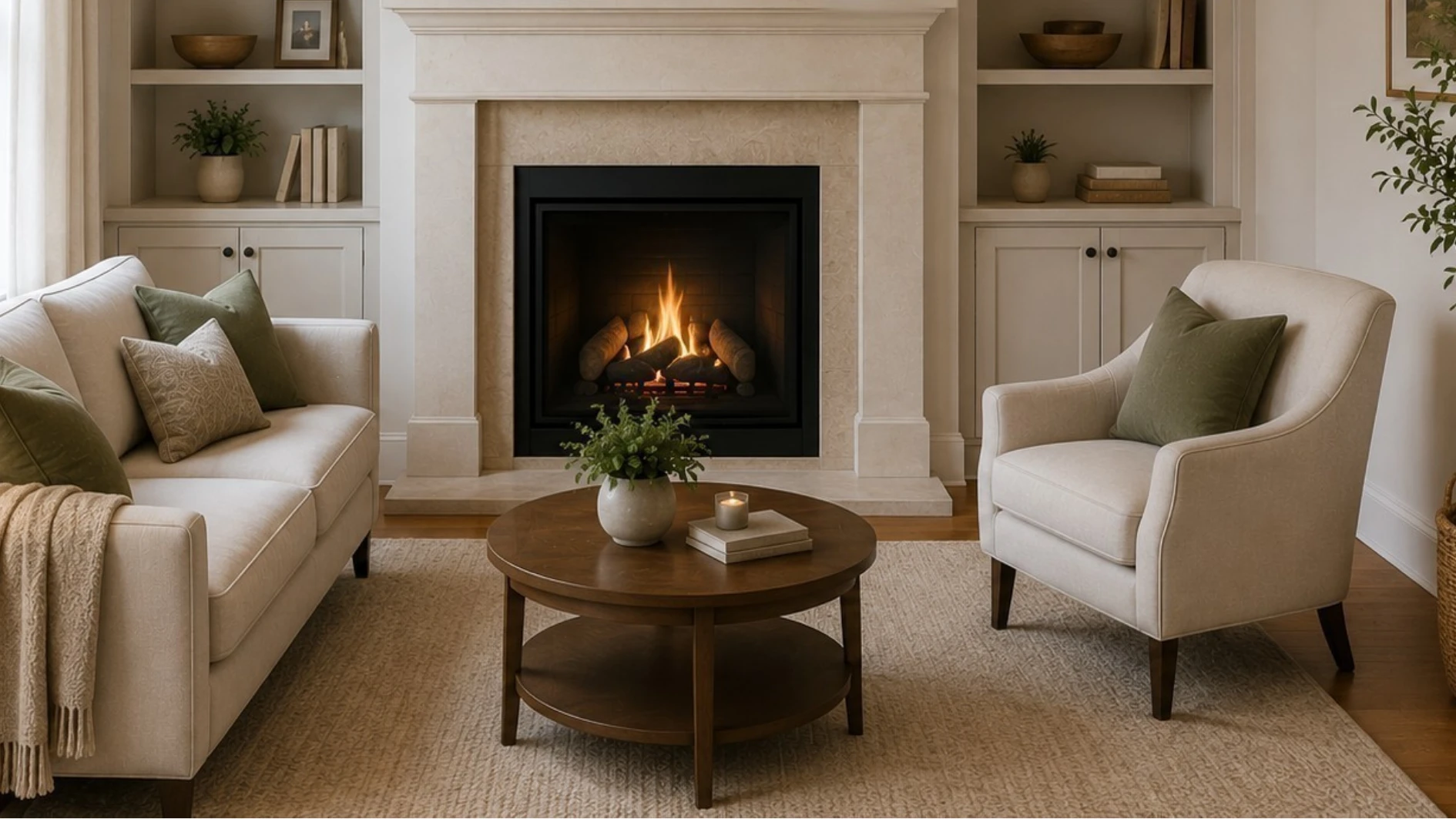 “Small cozy living room with fireplace wall, compact sofa and armchair, and built-in shelves”