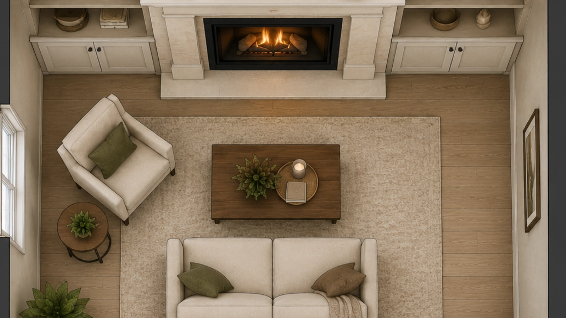 Top view small living room floor plan with fireplace occupying major wall space, compact two-seater sofa and single chair floated near fireplace, built-in shelves beside fireplace, realistic layout illustration