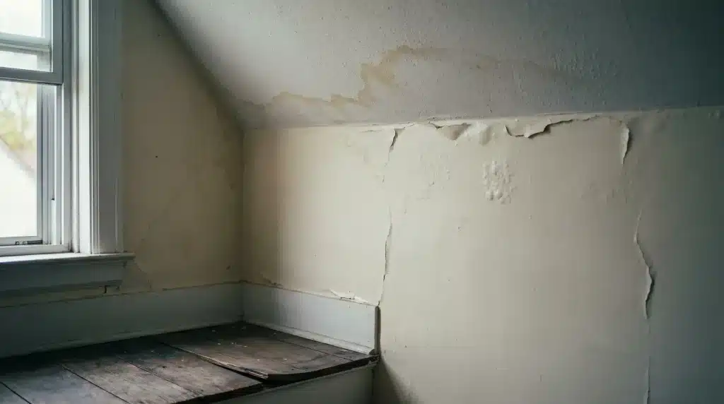Peeling paint and water damage on an attic wall with a window nearby