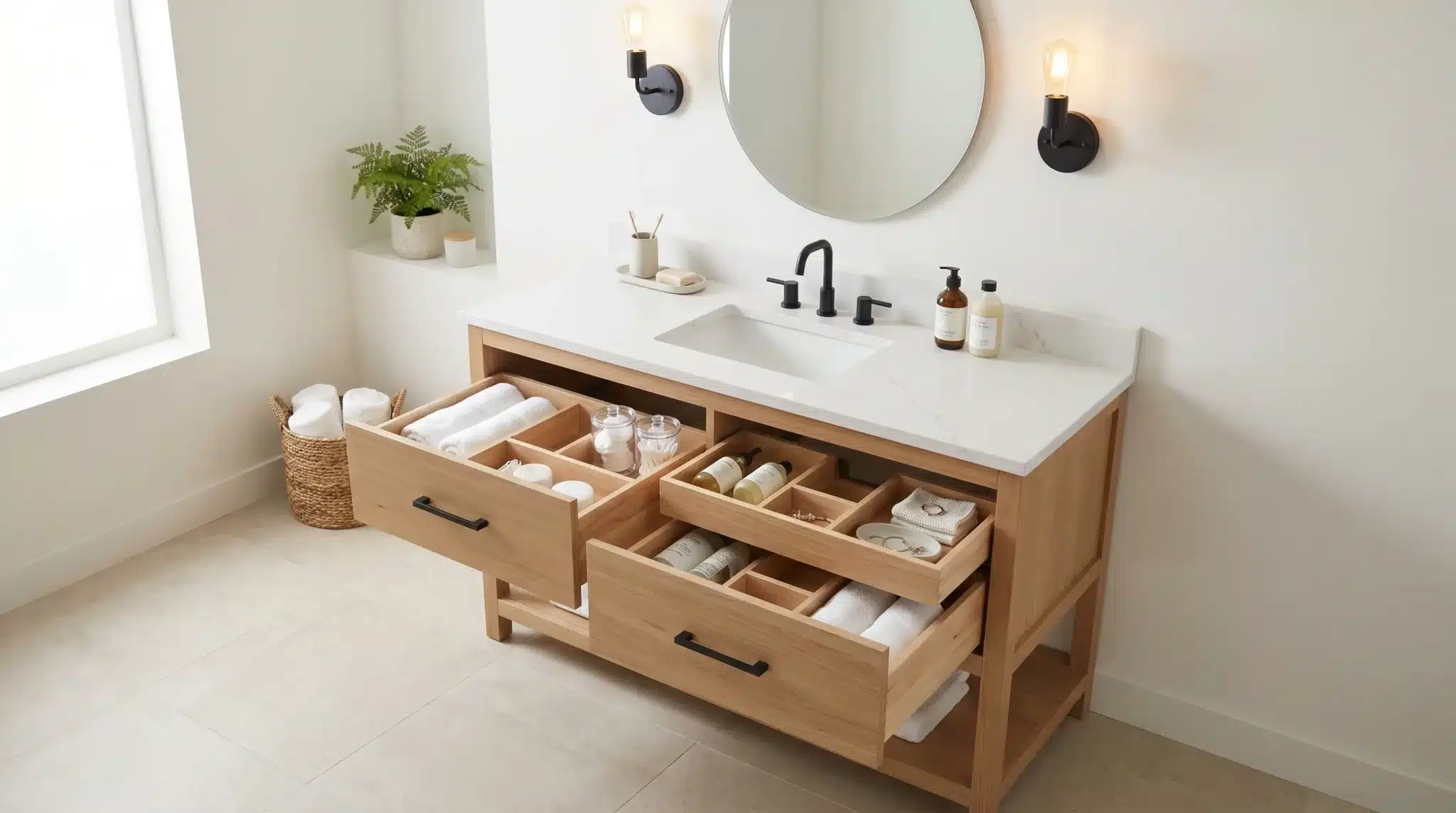 Wooden bathroom vanity with open drawers organized with toiletries and towels in bright, modern bathroom