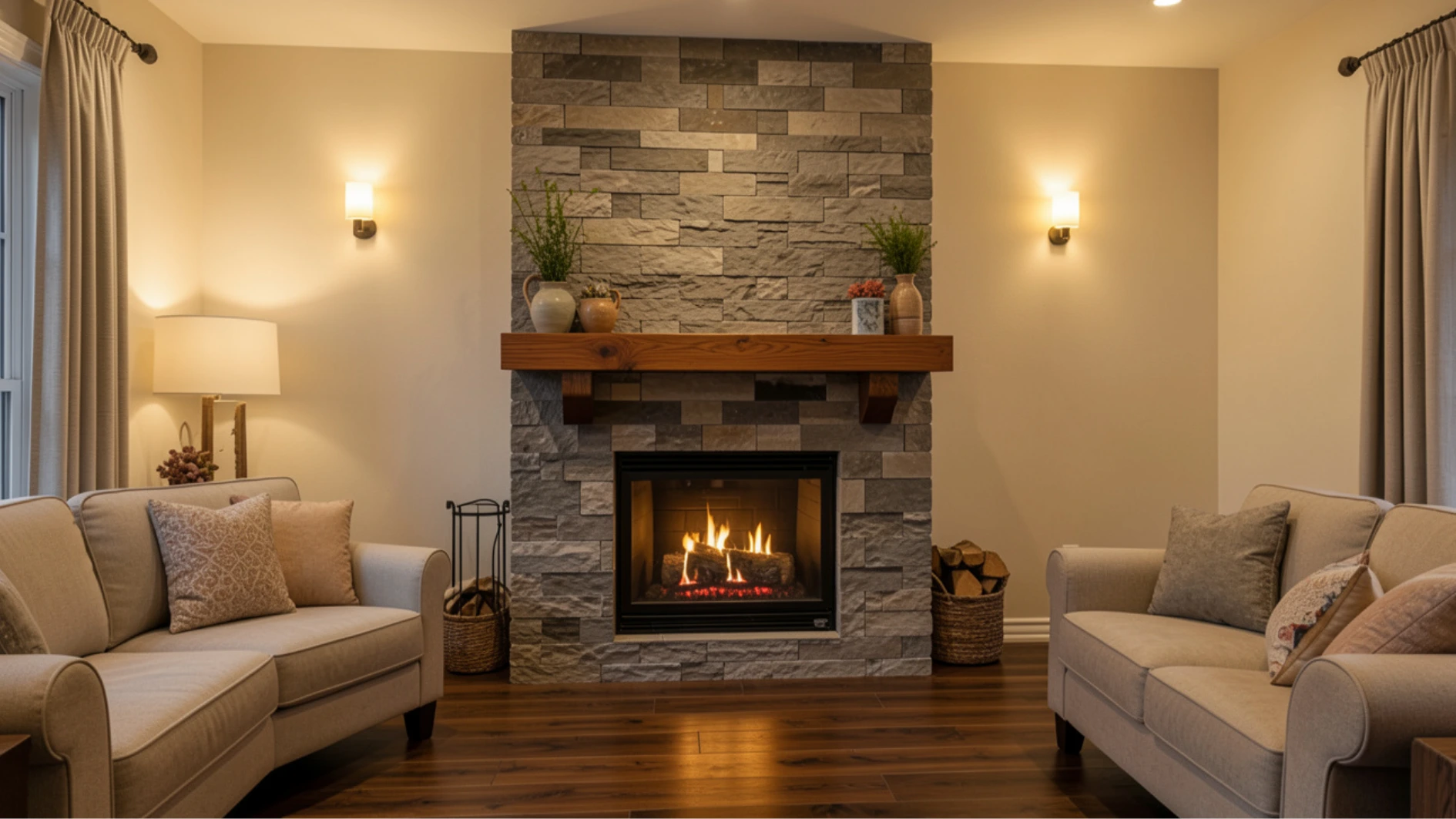 A warm living room featuring a floor-to-ceiling gray stacked stone fireplace with a thick wooden mantel, flanked by two tan couches on dark wood floors.