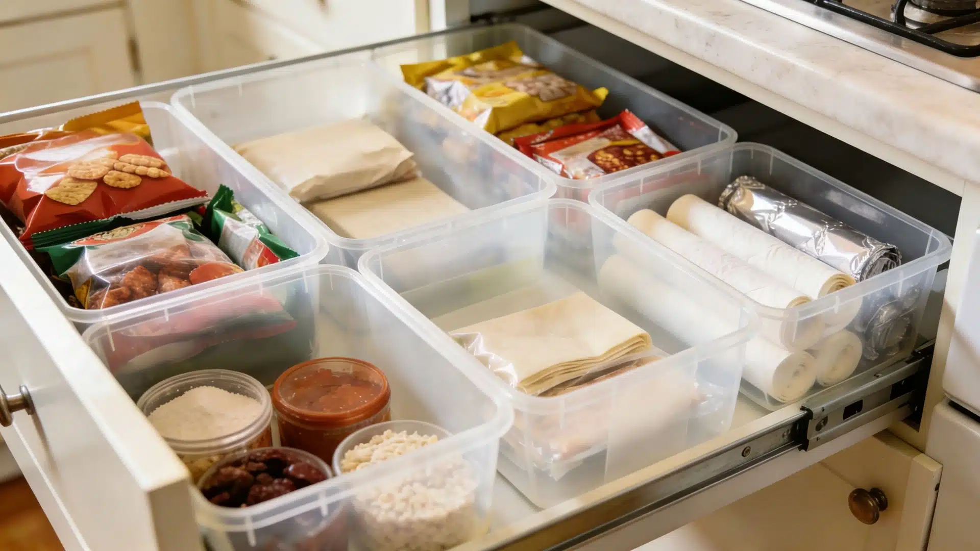 An open kitchen drawer neatly organized with clear plastic bins containing snacks, packaged dough, dry goods in small jars, and rolls of parchment paper and aluminum foil.