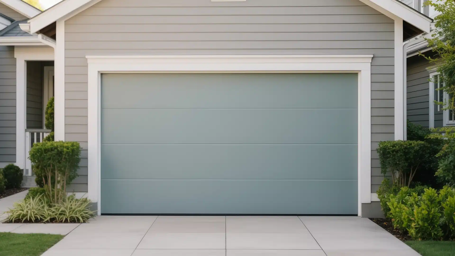 A sage gray garage door, showcasing a smooth finish and modern design