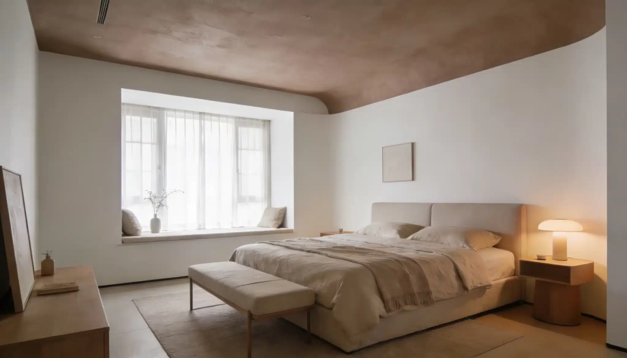 simple bedroom with soft taupe ceiling and neutral decor for a cozy relaxing space