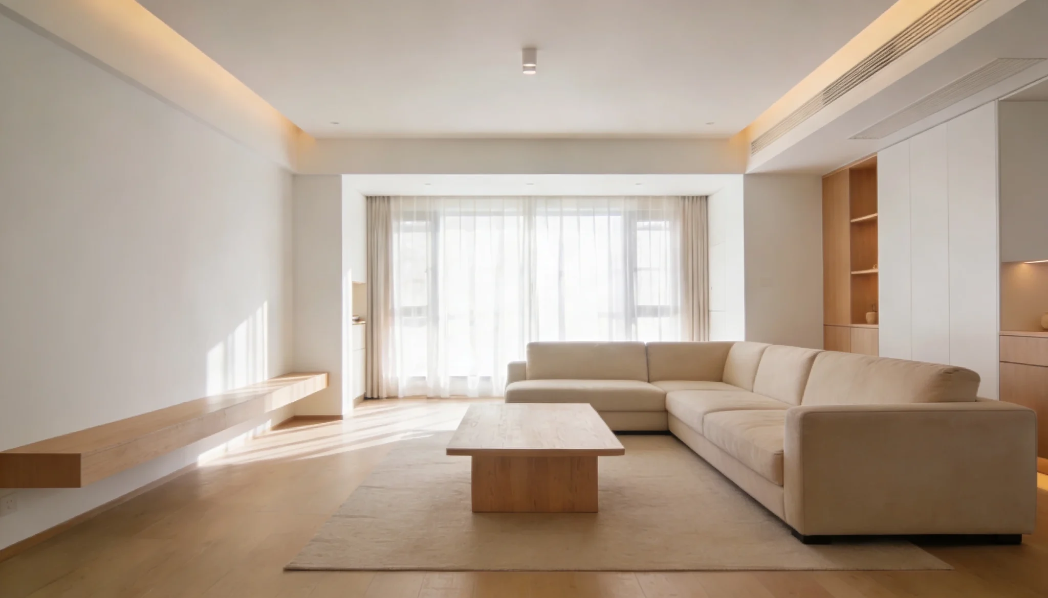 Minimalist living room featuring a large beige sectional sofa light wood coffee table floating wood shelf and sheer curtains over a large window