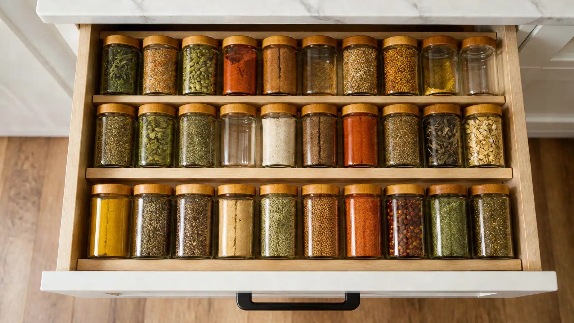 Three rows of glass spice jars with wooden lids are neatly organized within a light wood drawer insert pulled out from a white kitchen cabinet.