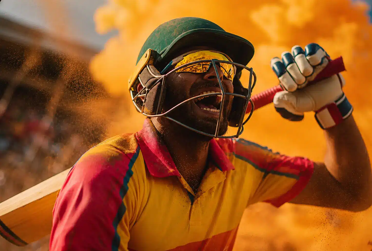 Cricketer in vibrant yellow and red uniform celebrating with bat as orange powder surrounds
