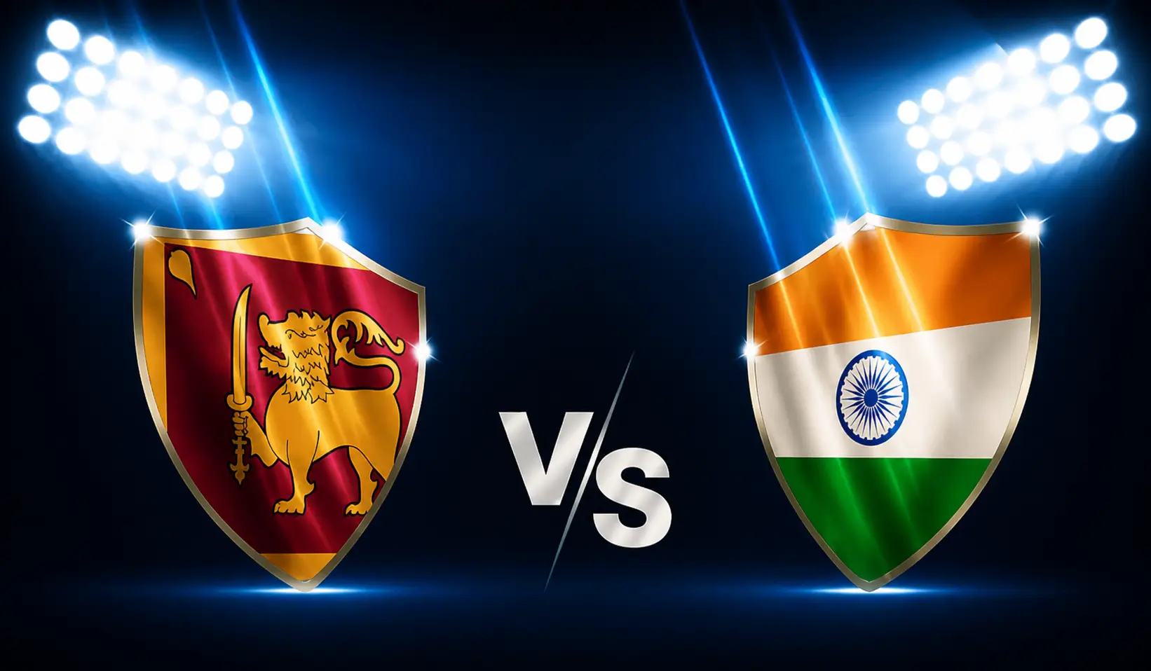 Sri Lanka and India emblems with stadium lights on dark background
