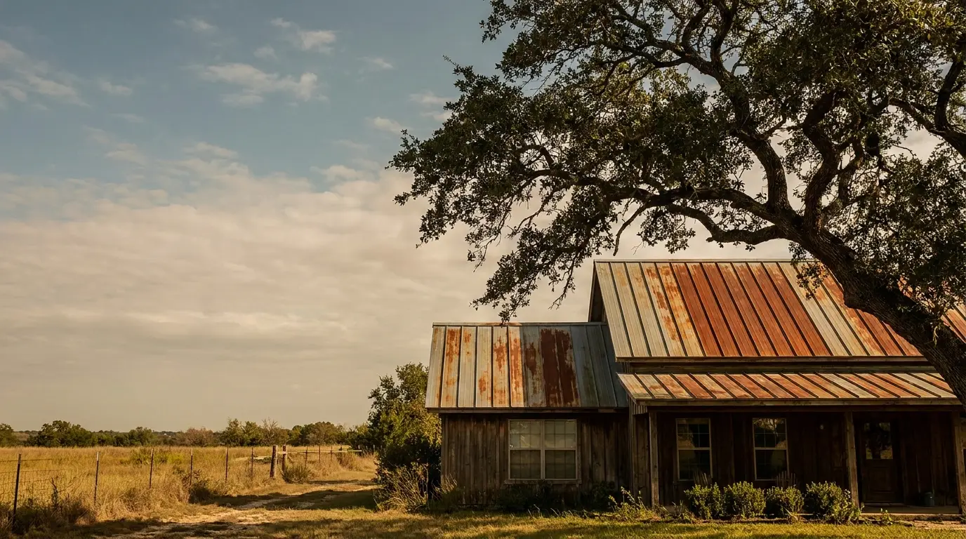 Rustic farmhouse with corrugated metal roof under large tree in rural landscape