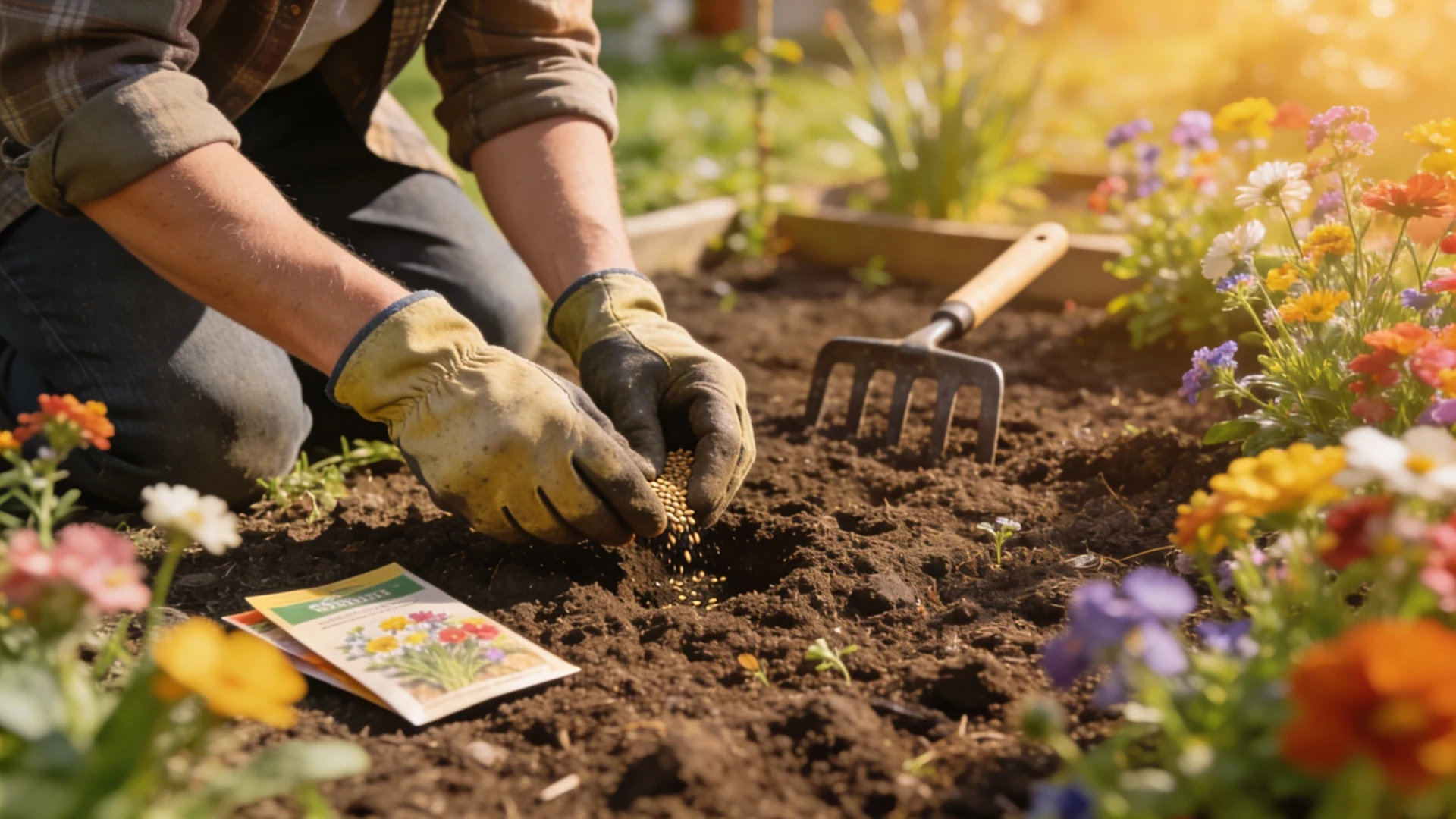 Gardener wearing gloves kneels to plant seeds in dark soil next to a colorful flower bed and a small hand rake.