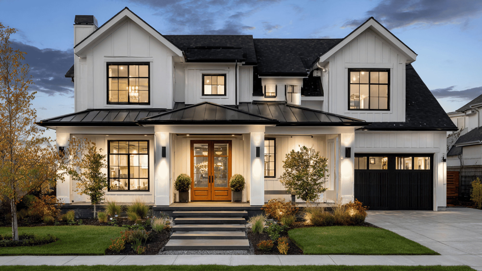 stunning house with black trim and modern exterior curb appeal design
