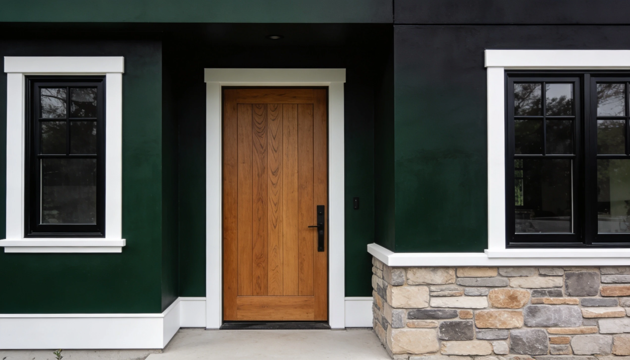 Modern home exterior with Sherwin Williams Greenblack SW 6994 siding, warm wood front door white trim and stone accents in natural daylight.