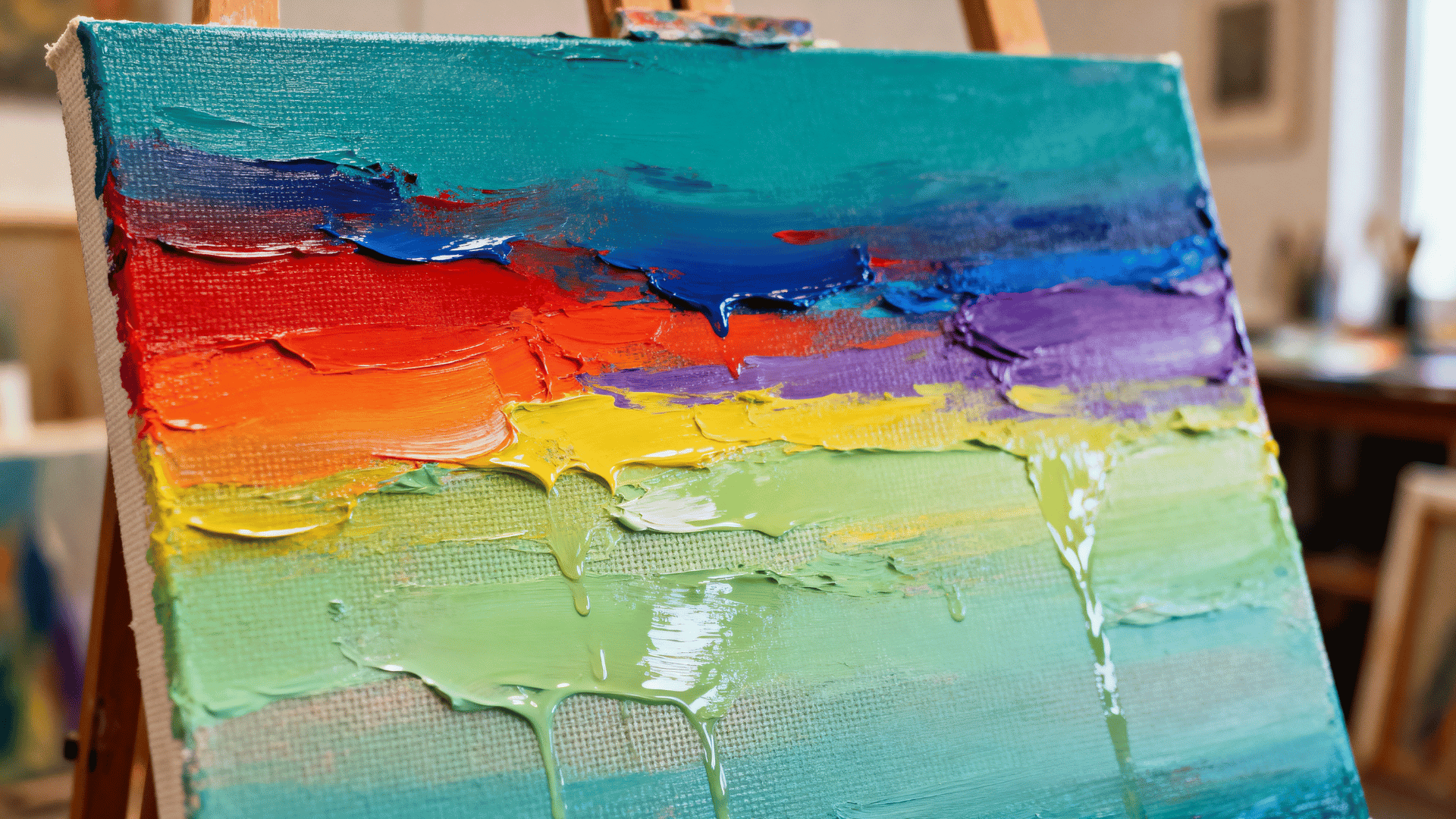 realistic acrylic canvas painting displaying tertiary colors like blue-green, red-orange, and yellow-green with textured brush strokes