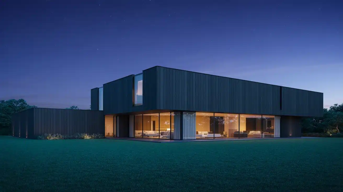 Modern suburban house with a matte black exterior, glowing floor-to-ceiling windows, and a wide green lawn at night
