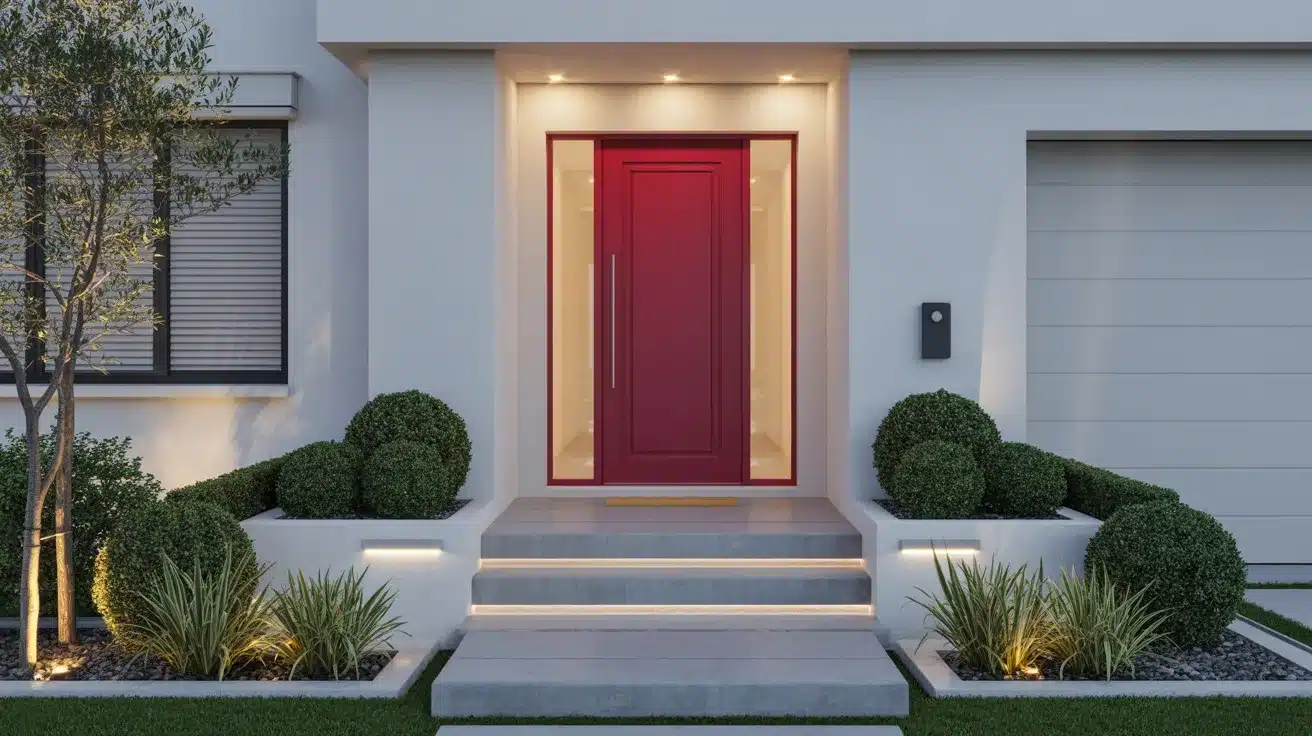 Modern home entrance with a bold red front door, clean white walls, soft lighting, and simple landscaped plants and steps.