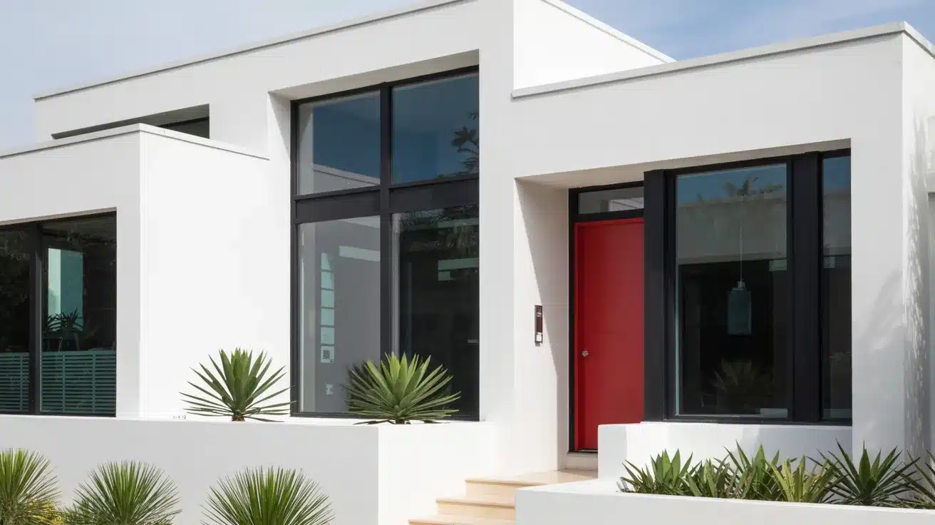 Modern suburban house with a clean white exterior, black window frames, and a bold red front door
