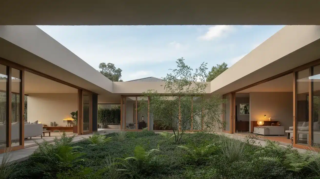 Minimalist courtyard home with floor-to-ceiling glass walls surrounding a lush central garden under an open sky.