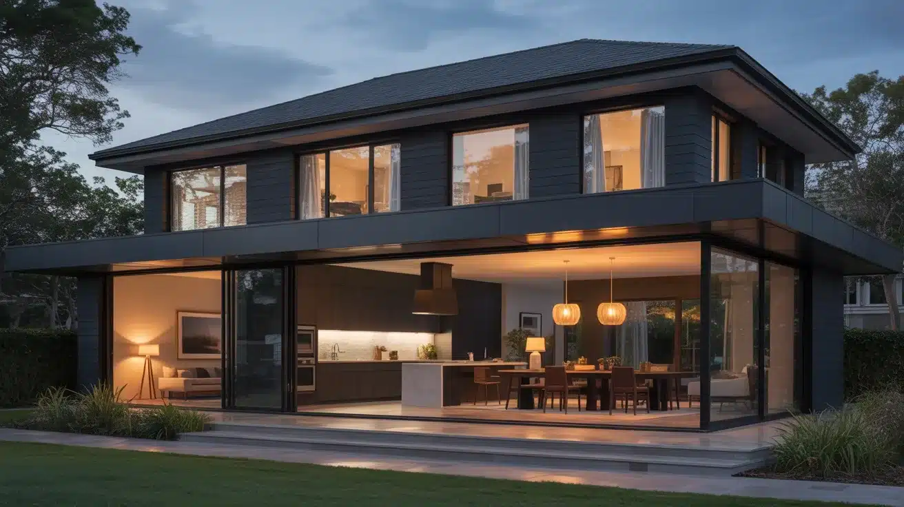 Modern two-story black home with expansive glass walls, warm interior lighting, and an open-plan living space at dusk.