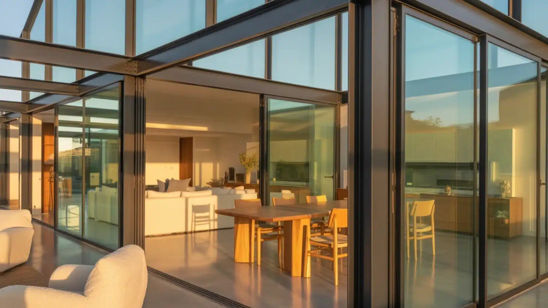Modern glass home with strong steel frames, warm sunlight, simple wood furniture, and bright open living spaces.