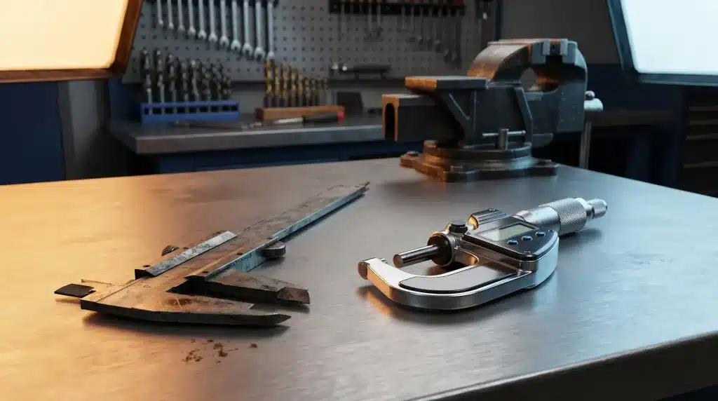 Digital caliper and micrometer on metal workbench in a tool shop with vice in background