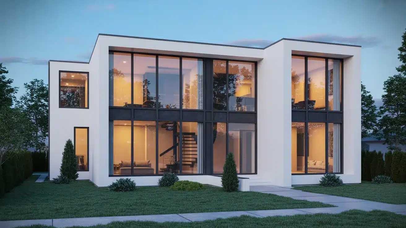 Modern suburban house with large floor-to-ceiling windows, white exterior walls, and warm interior lights