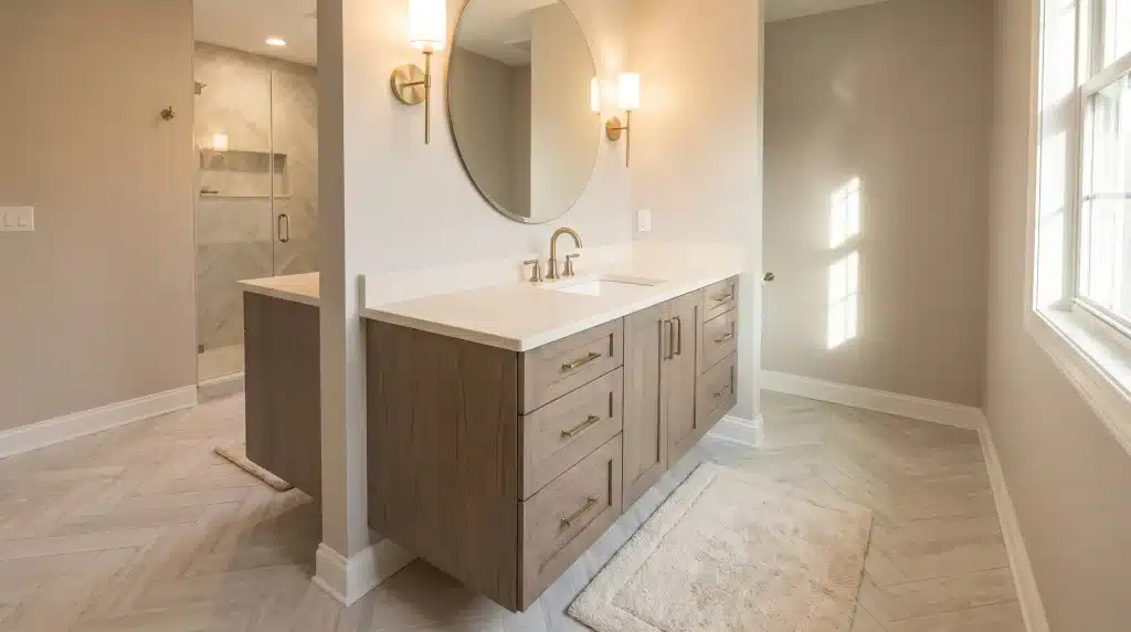 Modern bathroom with wooden vanity, round mirror, and gold fixtures in soft natural light