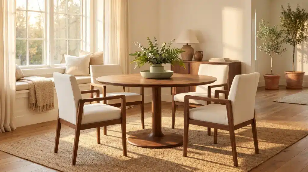 Round wooden dining table with white chairs in sunlit room with plants and large windows