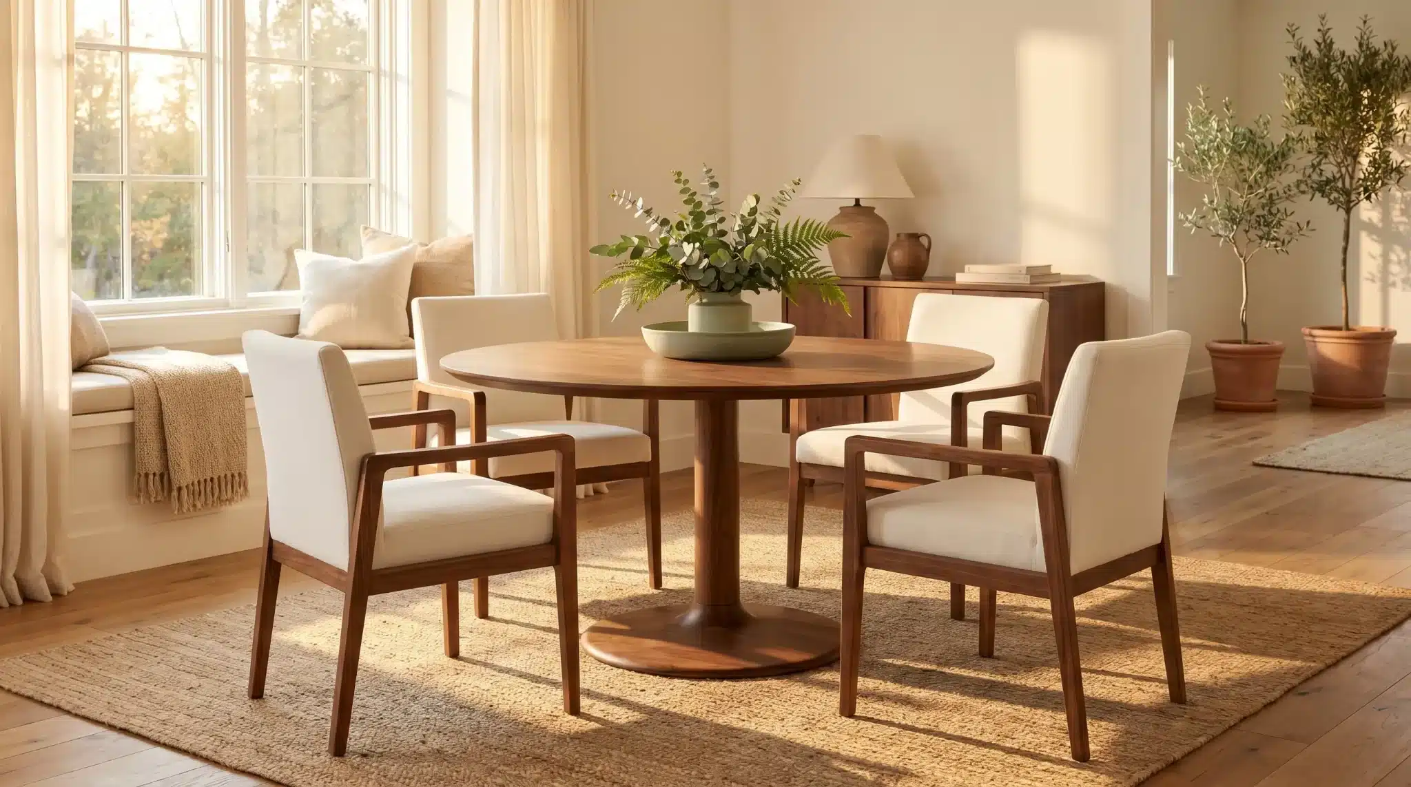 Round wooden dining table with white chairs in sunlit room with plants and large windows