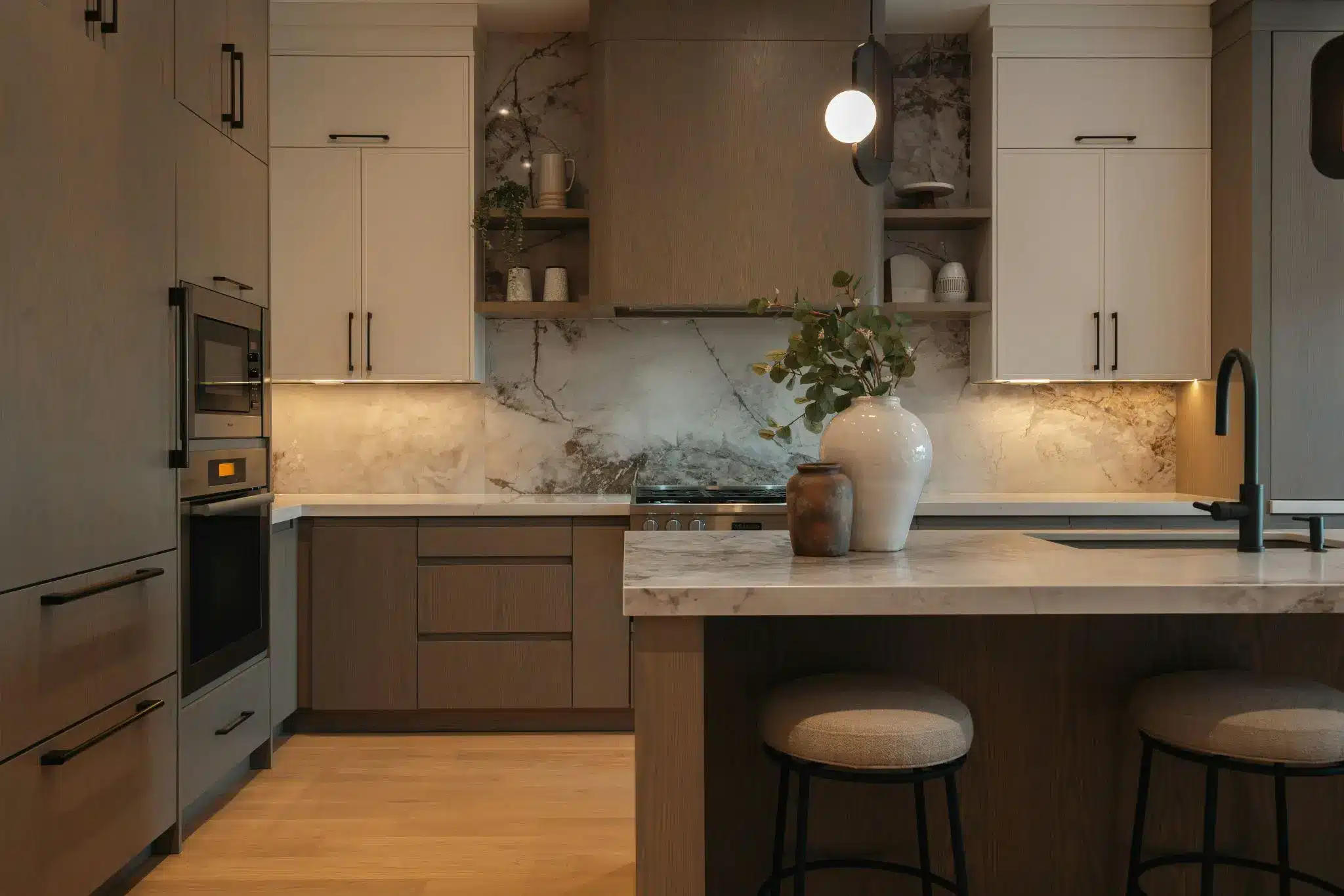 Modern kitchen with marble backsplash, dark wood cabinets, and a white vase on island counter